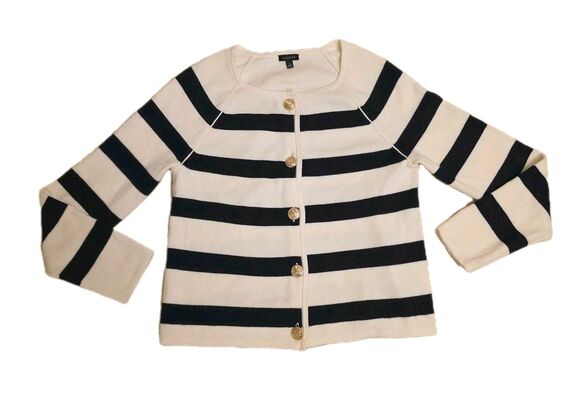 Talbots Sweaters - Talbots Cardigan Navy White Stripe Sweater Gold Crest Button, Womens Size Small